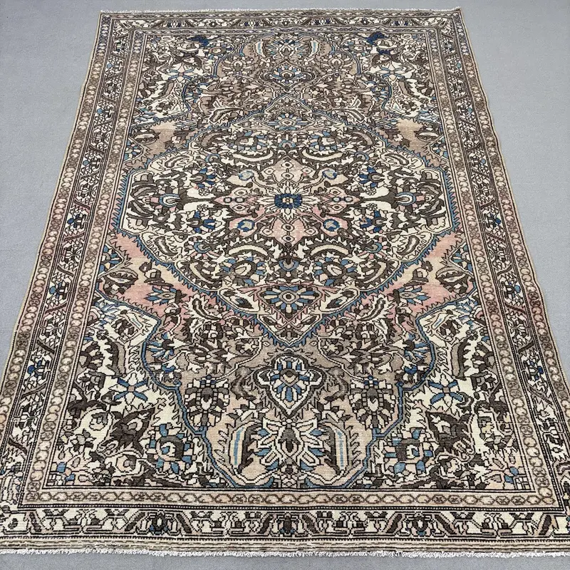 Turkish Vintage Large Rug 6.6x9.5 ft, Brown Blue Ikat Rug - 1