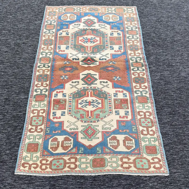 Beige & Blue Rug, 0.3x5.3 ft Geometric Floral Design