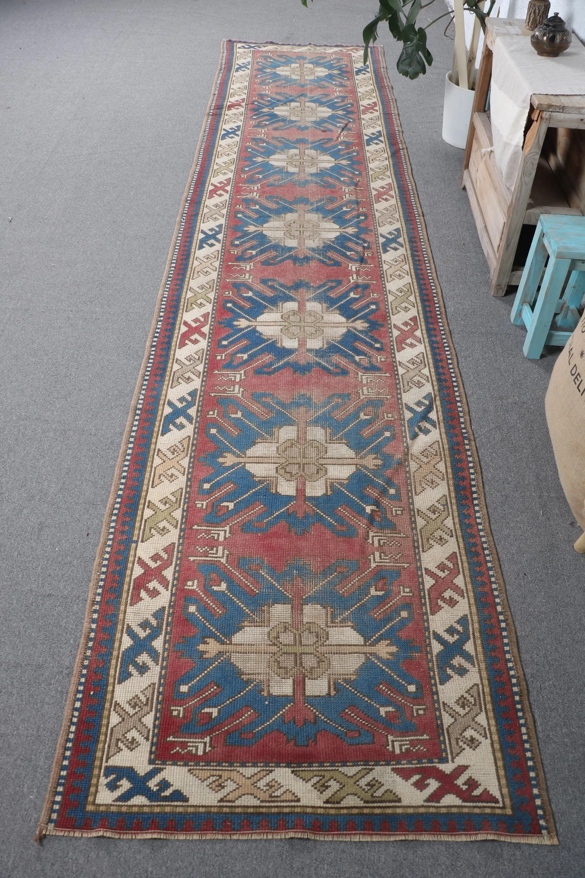 3x13.1 ft Vintage Rug, Turkish Runner Rug, Red Blue Abstract Wool Rug - 1
