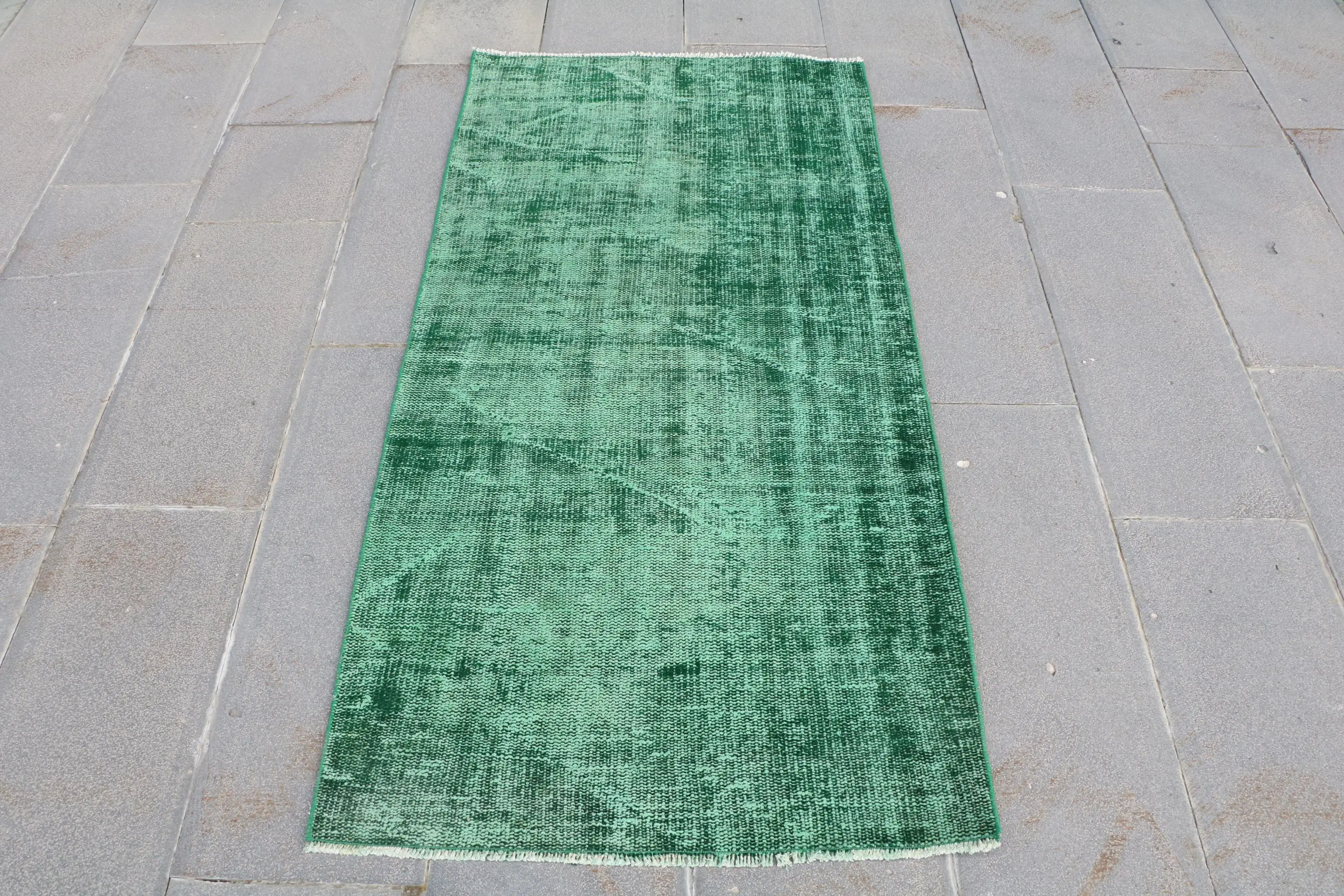 Vintage Small Rug 2.7x5.3 ft (81x163 cm), Turkish Green Abstract Rug - 1