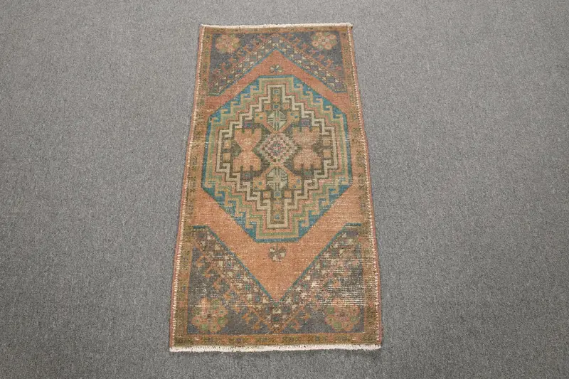 1.7x3.3 ft Vintage Small Rug, Brown Blue Turkish Striped Wool Rug - 1
