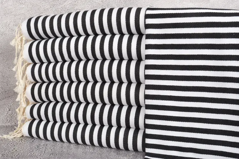 Mutfak Havlusu Organik Türk Pamuğu, Çizgili Siyah, Bej, 18x40 İnç