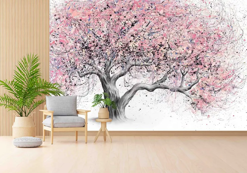 Elegante Tapete mit rosa Baummotiv: Modernes abstraktes Design