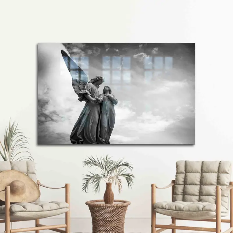 Elegante escultura de alas de ángel de vidrio impreso - Decoración moderna para el hogar