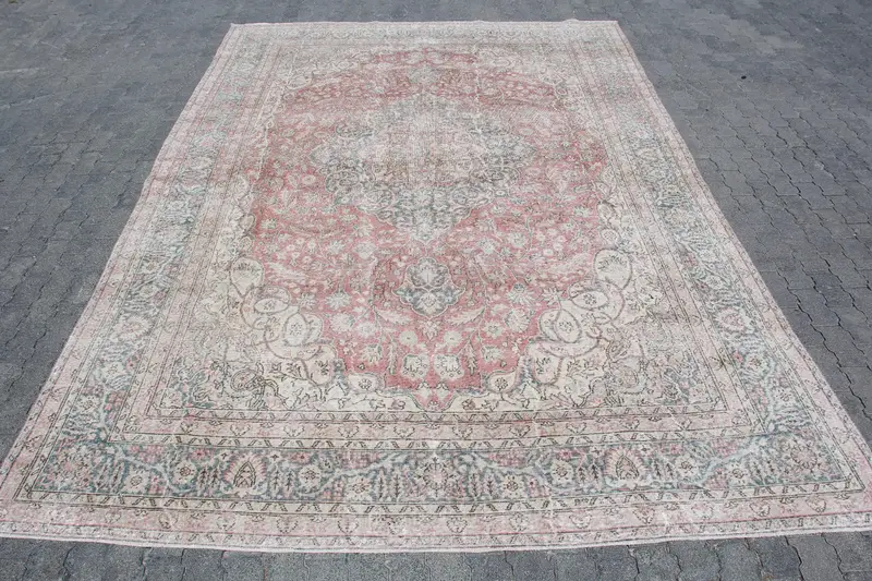 Vintage 8.8x12.6 ft Rug, Oushak Turkish Rug, Red Bordered Wool Rug - 1