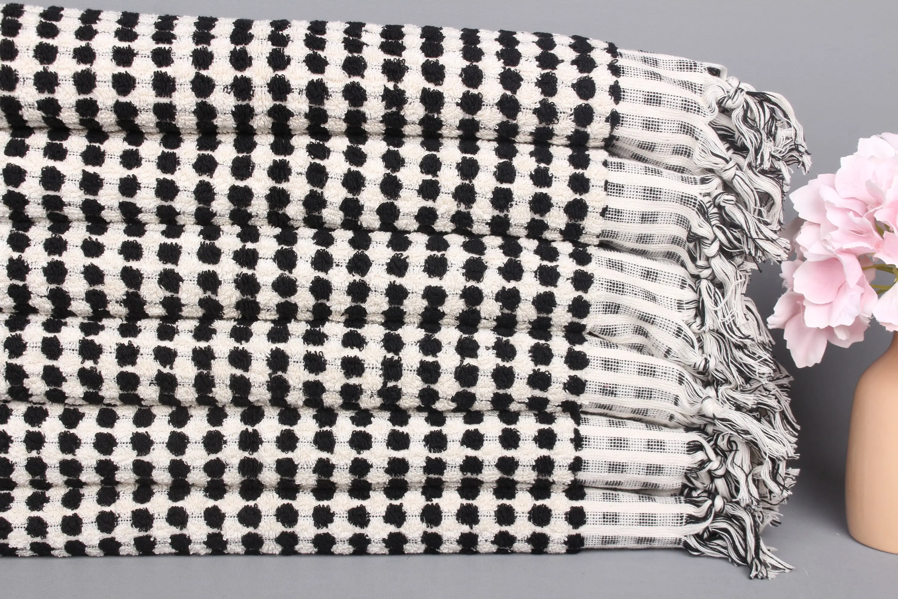 Pom Pom Hand Towel Turkish Cotton Black Beige, 20x40 Inches - 1