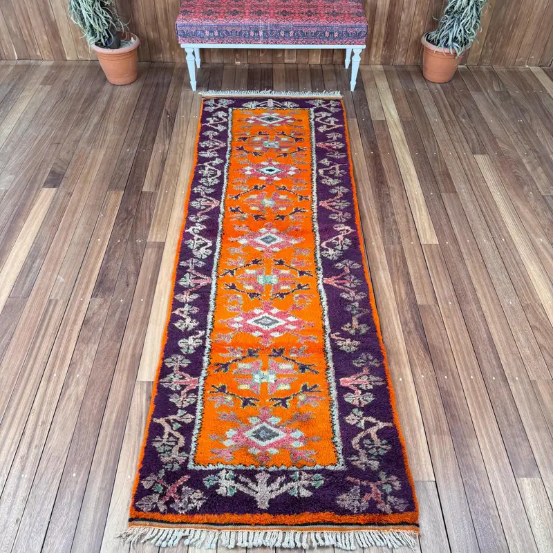 Alfombra vintage, alfombra turca Runner 3.1x9.3 ft, alfombra de lana de camuflaje naranja - 1