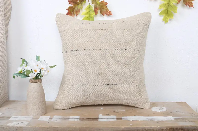 Hippie Throw Pillow Case, Kilim Pillow, Boho Pillow, 16x16 Beige Pillow Cover, Handmade Kilim Cushion, Cushion Case, Ikat Cushion Case - 1