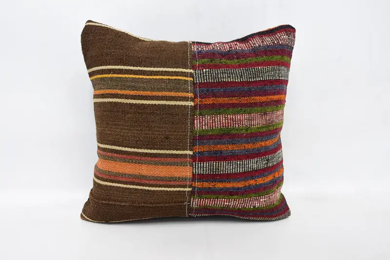 Wool Kilim Pillow Pillow Cover, Vintage Kilim Throw Pillow, Vintage Kilim Pillow, Pillow Sham, Turkish Kilim Pillow, 16x16 Brown Pillow - 1