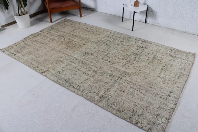 Vintage Halı, 4.9x8.3 ft Türk Halısı, Gri Yeşil Yün Halı - 1