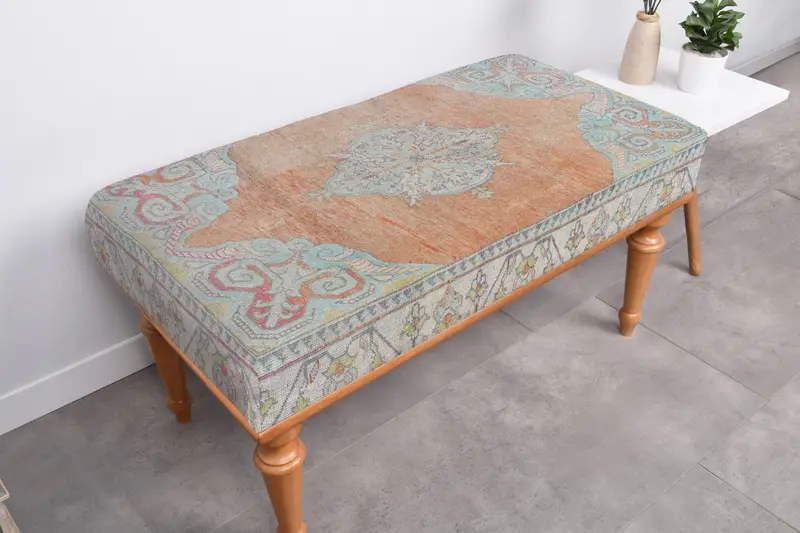 モジュール式、キリム風オットマン、オレンジ&グレー、ウールブレンド生地、18x48x18インチ