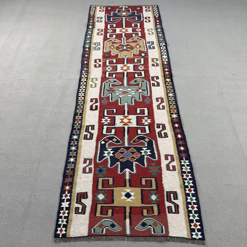 Türkischer Vintage-Kelim-Läuferteppich, 90 x 30 cm, roter Wollteppich mit Tiermuster - 1