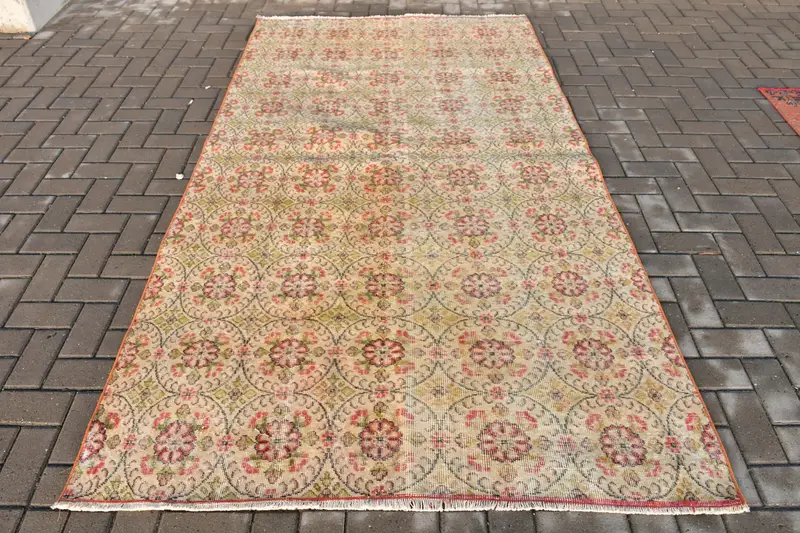 Vintage Türk Halısı 4.9x9 ft (150x275 cm), Oushak Kırmızı Yeşil Soyut Halı - 1