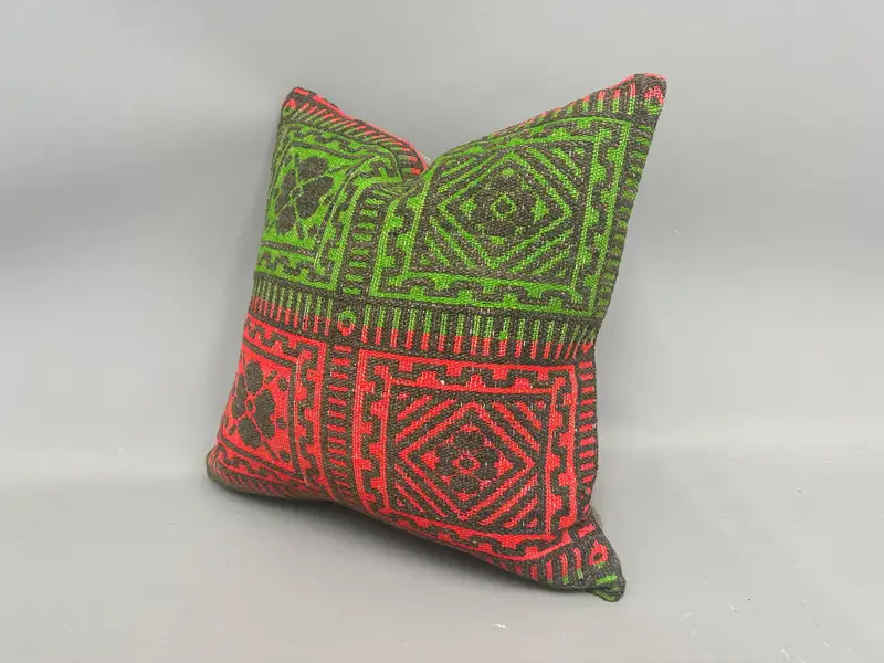 Vintage Kilim Throw Pillow, Pillow for Couch, Bench Pillow Sham, Boho Chic Pillow Case, Cushion, Gift Pillow, 18x18 Green Pillow Sham - 3