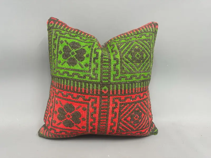 Vintage Kilim Throw Pillow, Pillow for Couch, Bench Pillow Sham, Boho Chic Pillow Case, Cushion, Gift Pillow, 18x18 Green Pillow Sham - 1