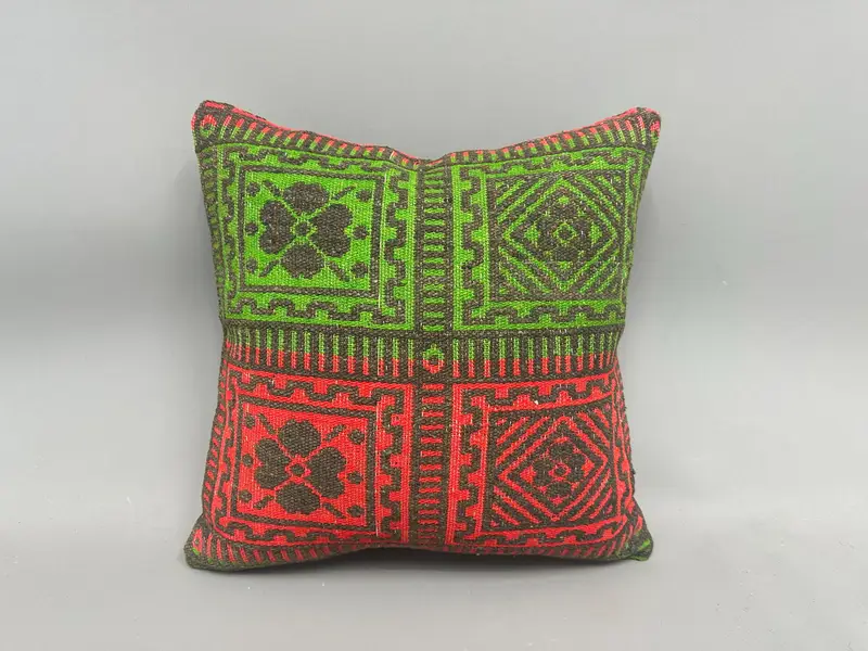 Vintage Kilim Throw Pillow, Pillow for Couch, Bench Pillow Sham, Boho Chic Pillow Case, Cushion, Gift Pillow, 18x18 Green Pillow Sham - 4