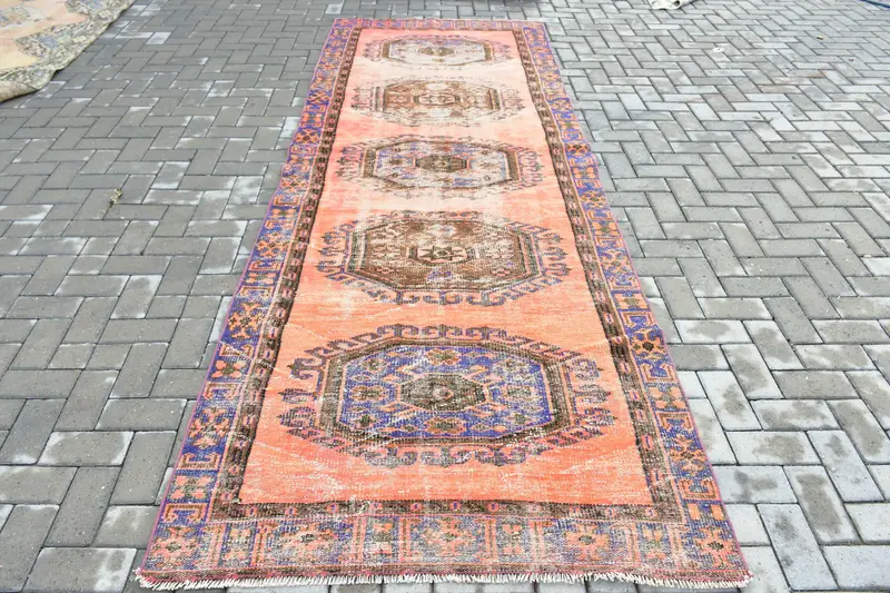 Türk Vintage Halısı 4x11,3 ft (123x345 cm), Oushak Kırmızı Mavi İkat Halı - 1