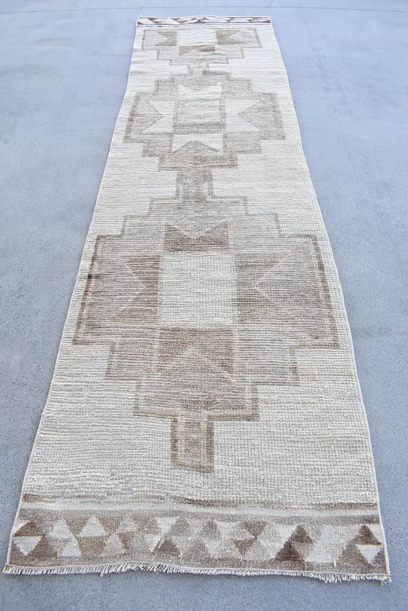 Türk Yolluk Halısı, 3x11 ft Vintage Halı, Bej Herki Yün Halı - 1