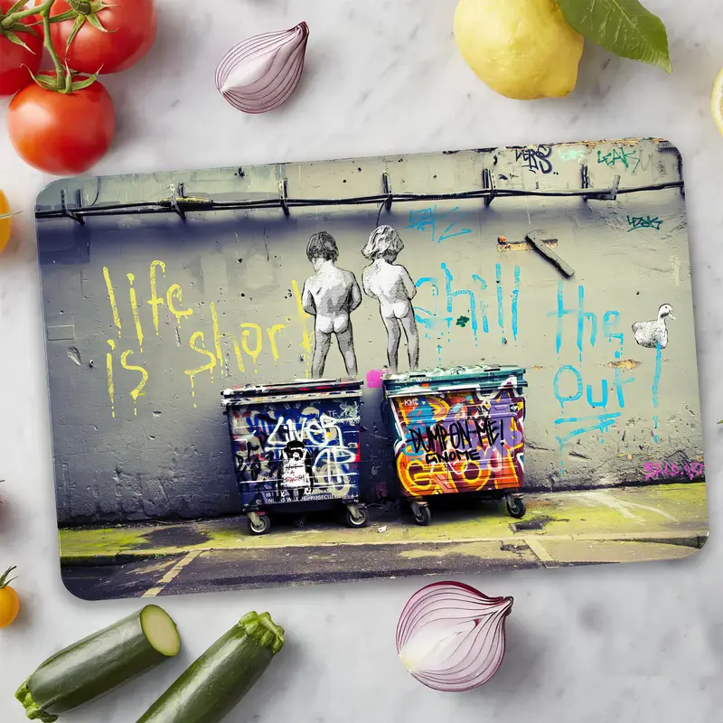 Banksy'den Esinlenen Benzersiz Tasarıma Sahip Sanatsal Cam Kesme Tahtası