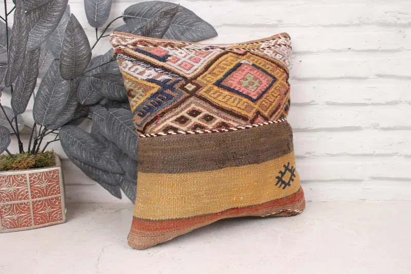 Aesthetic Pillow Case, Outdoor Pillow, Kilim Pillow, 14x14 Orange Pillow, Aztec Cushion Case, Turkish Pillow, Pillow Cover, Vintage Pillow - 3