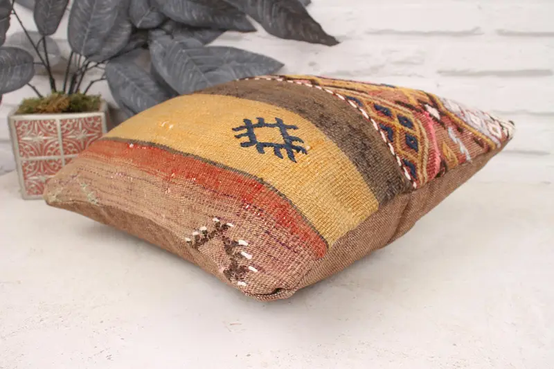Aesthetic Pillow Case, Outdoor Pillow, Kilim Pillow, 14x14 Orange Pillow, Aztec Cushion Case, Turkish Pillow, Pillow Cover, Vintage Pillow - 6