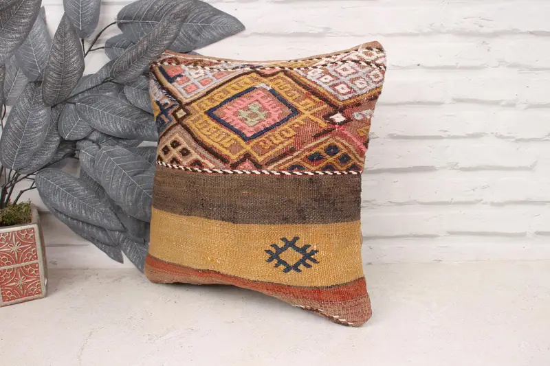 Aesthetic Pillow Case, Outdoor Pillow, Kilim Pillow, 14x14 Orange Pillow, Aztec Cushion Case, Turkish Pillow, Pillow Cover, Vintage Pillow - 4