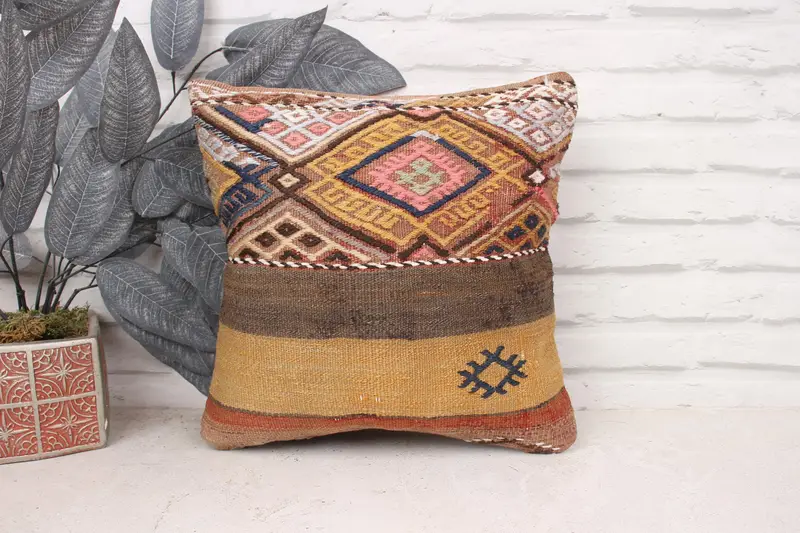 Aesthetic Pillow Case, Outdoor Pillow, Kilim Pillow, 14x14 Orange Pillow, Aztec Cushion Case, Turkish Pillow, Pillow Cover, Vintage Pillow - 1