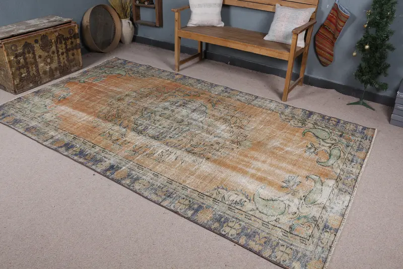 Turuncu, Yeşil Kamuflaj Halı, 5,2x9,2 ft Şık Dekor