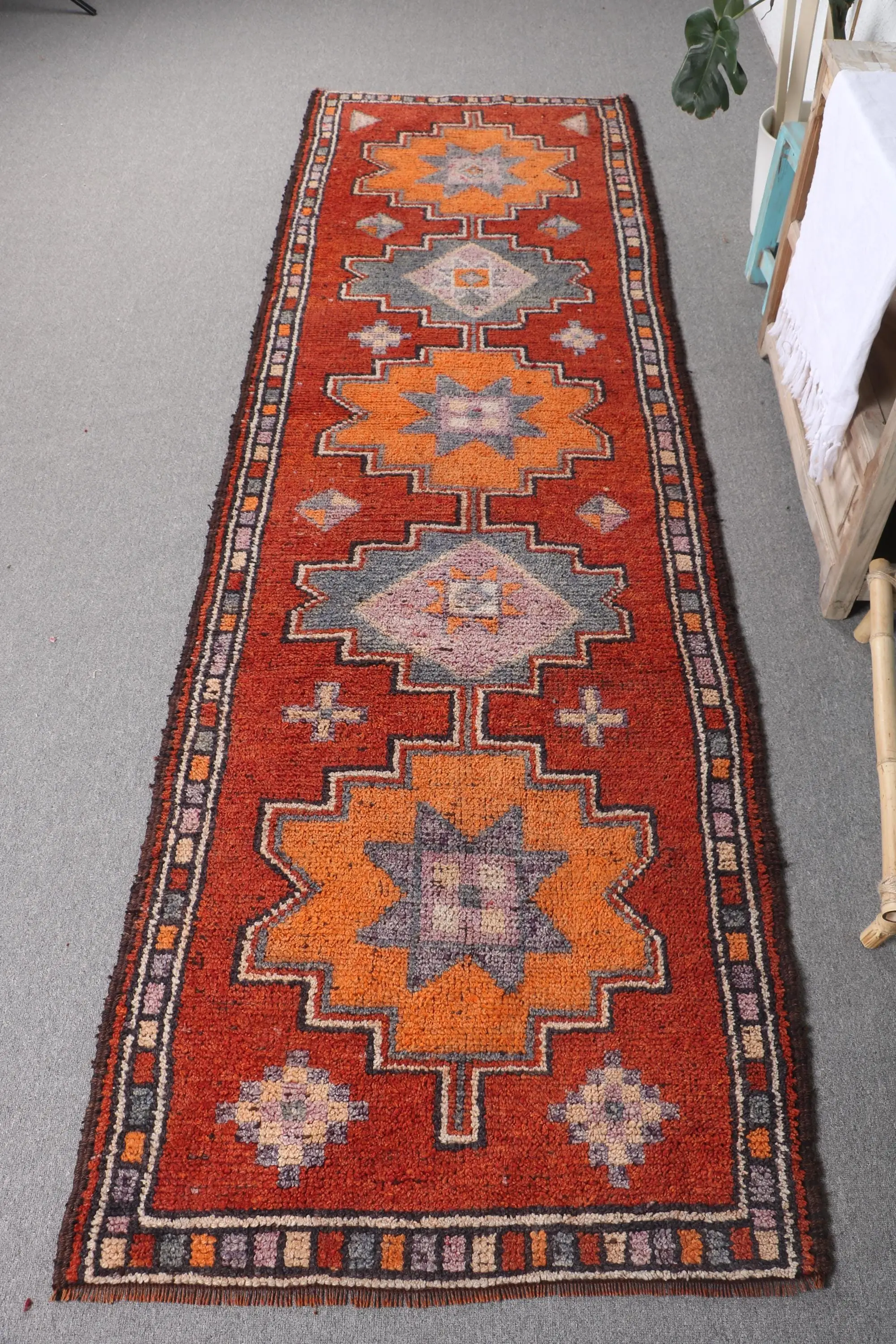 Vintage Turkish Herki Rug 2.9x9.7 ft (89x297 cm), Red Striped Wool Rug - 1
