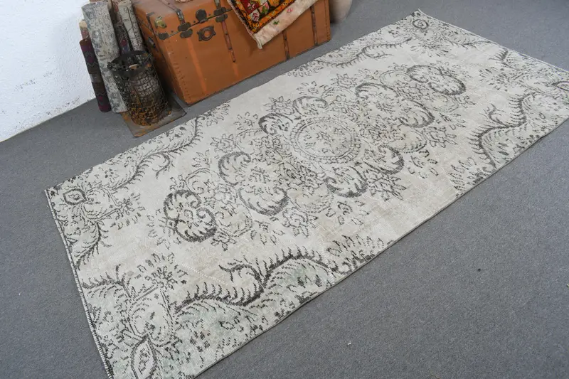 Vintage Türk Alan Halısı 4.1x7.9 ft, Gri Siyah Güneybatı Halısı - 1