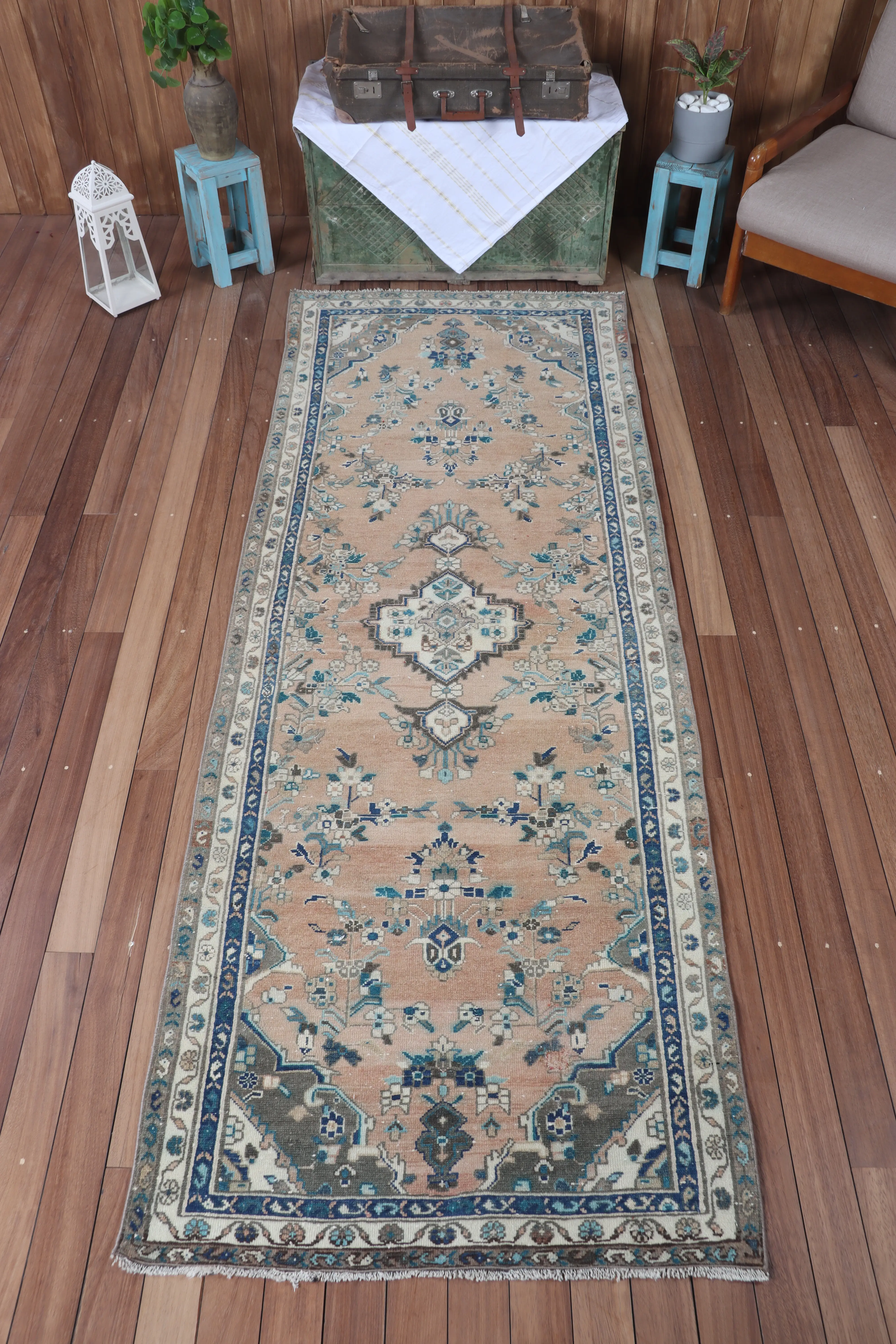 Vintage kleiner Teppich, 3,3x9,1 ft türkischer Teppich, blauer Oushak-Teppich - 1