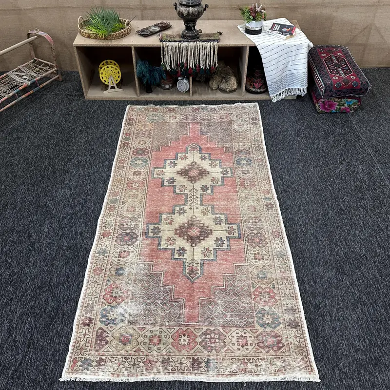 4x7.9 ft Rug, Vintage Turkish Rug, Oushak Red Bordered Rug - 1