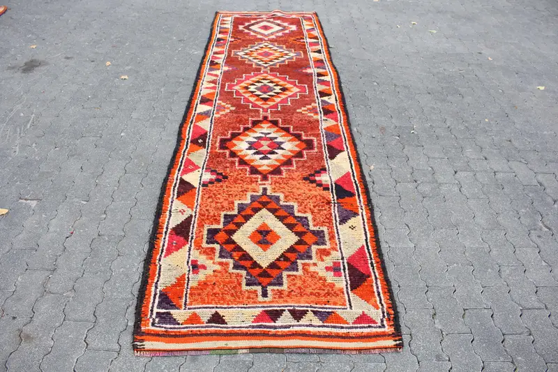 Turkish Vintage Herki Rug 2.9x11.2 ft (89x340 cm), Orange Southwestern Wool Rug - 1