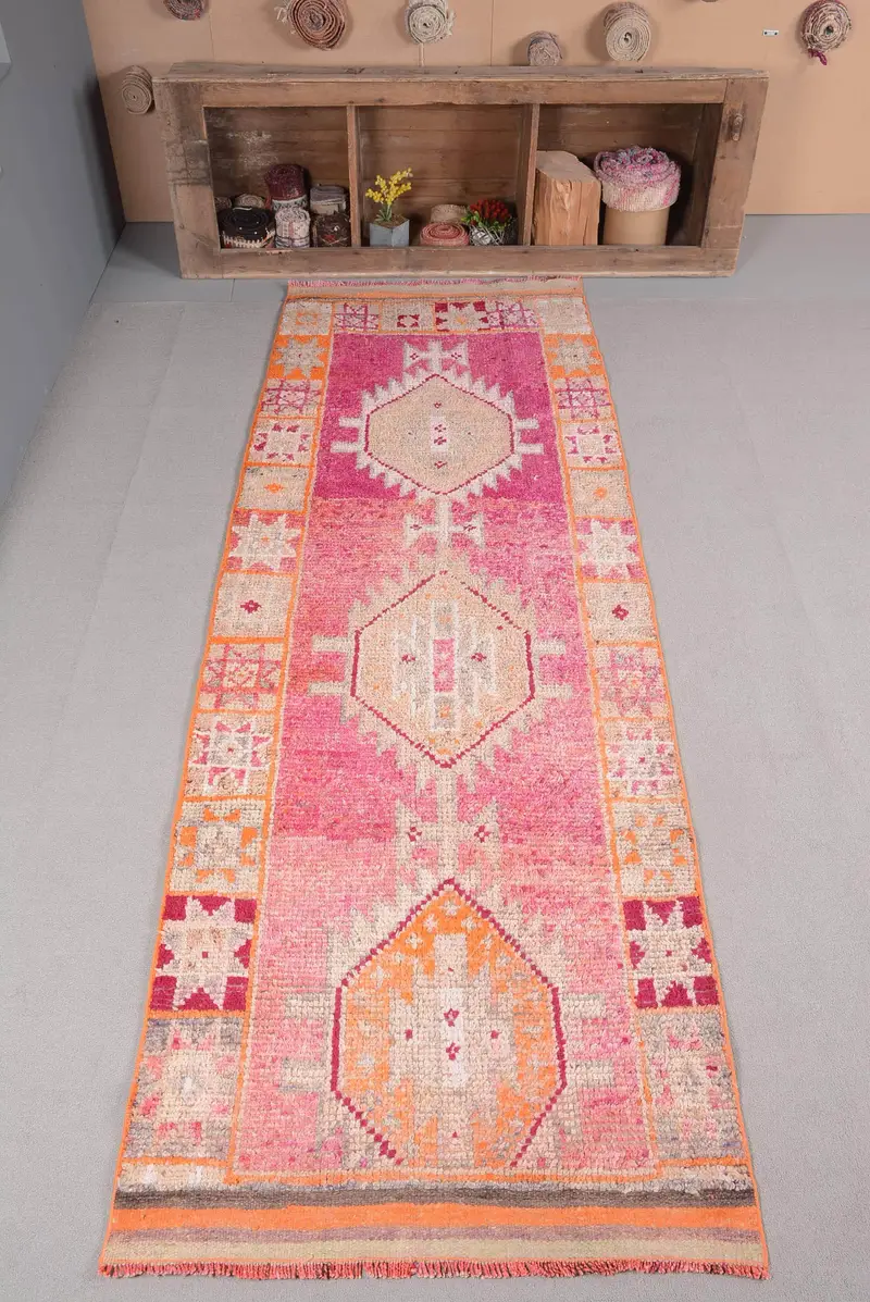 Turkish Rug, Small 3.3x10 ft Vintage Rug, Pink Geometric Rug - 1