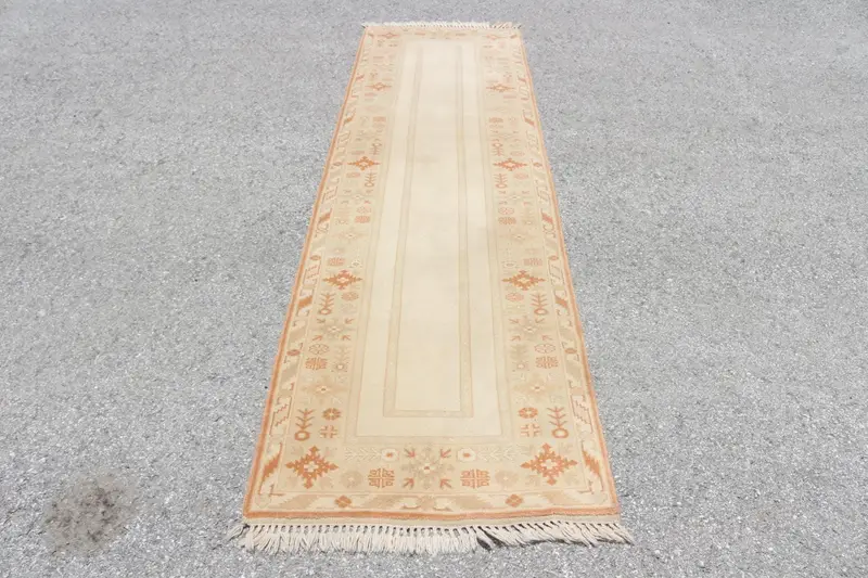 Türk Yolluk Halısı 2.6x9.4 ft (80x285 cm), Oushak Bej Puantiyeli Vintage Halı - 1