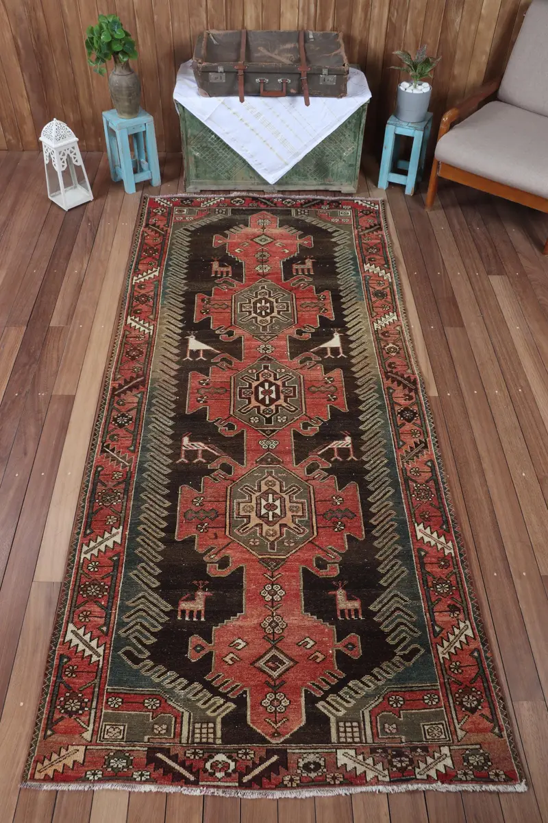 Vintage Türk Vurgulu Halı 4.1x9.3 ft (126x284 cm), Kahverengi Geometrik Oushak Halı - 1