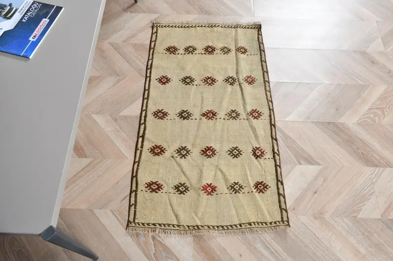 Türk Vintage Halı 1.8x3.2 ft (55x96 cm), Kilim Kahverengi Kırmızı Halı - 1