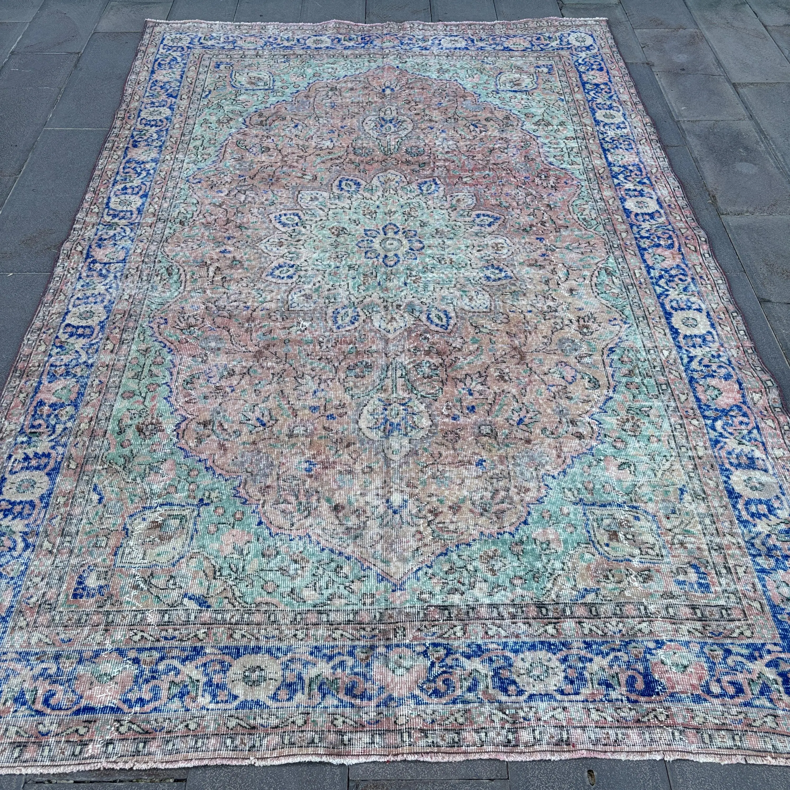 Vintage-Übergröße-Teppich 6,8x10,6 Fuß, blau-rosa marokkanischer Wollteppich - 1