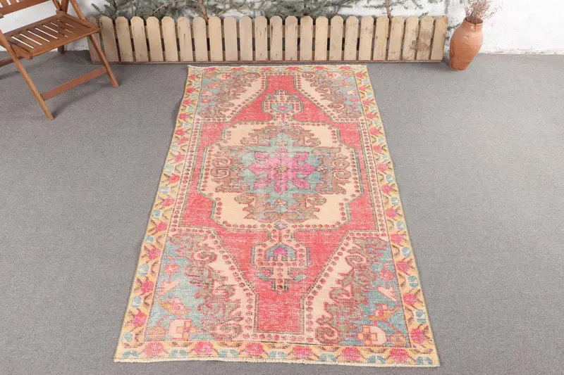 El Yapımı Kırmızı & Mavi Halı, 4,2x7,5 ft Çizgili Geometrik