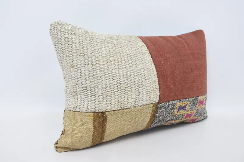 Kilim Cushion Sham, Boho Throw Cushion, Turkish Kilim Pillow, Pillow Case, Knitted Pillow Cover, Handmade Kilim Cushion, 16x24 Beige Cushion Cover - 3