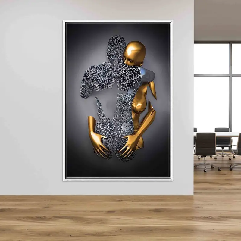 Lienzo impreso en plata y oro de pareja romántica de lujo en 3D
