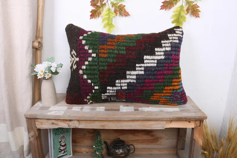 Handgefertigtes geometrisches Kissen in Braun und Gelb, rechteckiges Vintage-Kissen