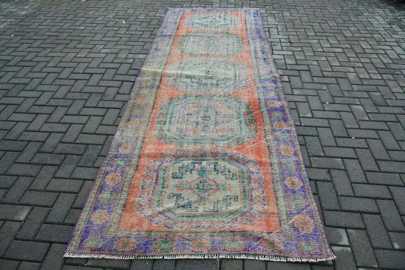 4x11,5 ft Läufer Vintage türkischer Teppich, roter Ikat-Wollteppich - 1
