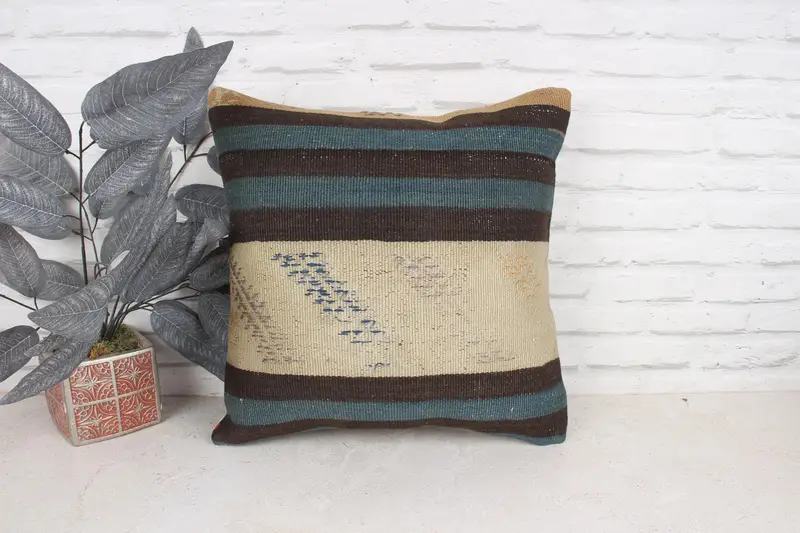 Pillow, Kilim Cushion Sham, Vintage Pillow, Handmade Pillow Sham, Kilim Pillow, 18x18 Brown Pillow, Pastel Pillow, Anatolian Pillow Cover - 1