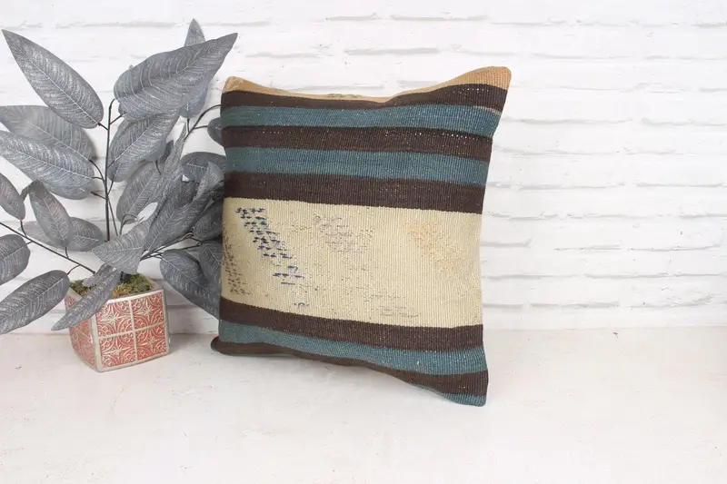 Pillow, Kilim Cushion Sham, Vintage Pillow, Handmade Pillow Sham, Kilim Pillow, 18x18 Brown Pillow, Pastel Pillow, Anatolian Pillow Cover - 4
