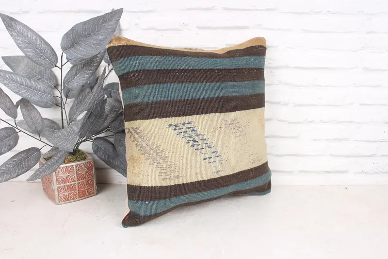 Pillow, Kilim Cushion Sham, Vintage Pillow, Handmade Pillow Sham, Kilim Pillow, 18x18 Brown Pillow, Pastel Pillow, Anatolian Pillow Cover - 3