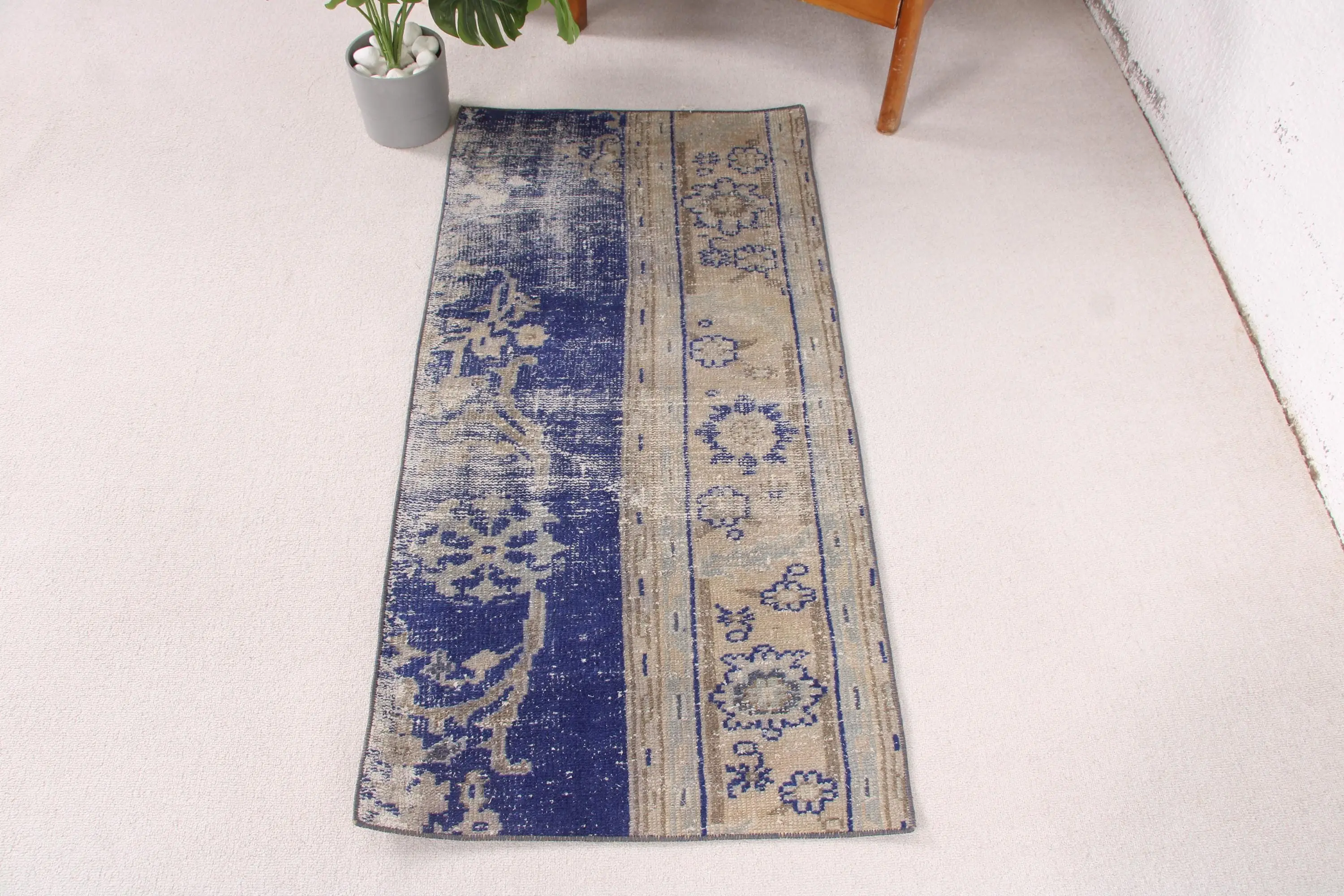 Turkish Vintage Rug, 2x4.1 ft Rug, Blue Small Bordered Rug - 1