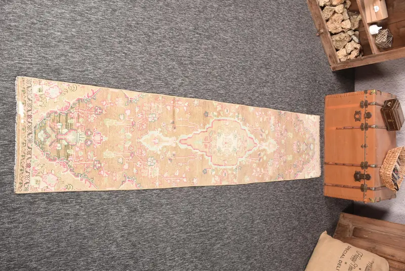 1.9x8.5 ft Turkish Rug, Vintage Runner Rug, Green Pink Floral Rug - 1