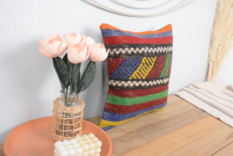 Almohada de lanzamiento geométrico verde y amarillo, cojín bordado vintage