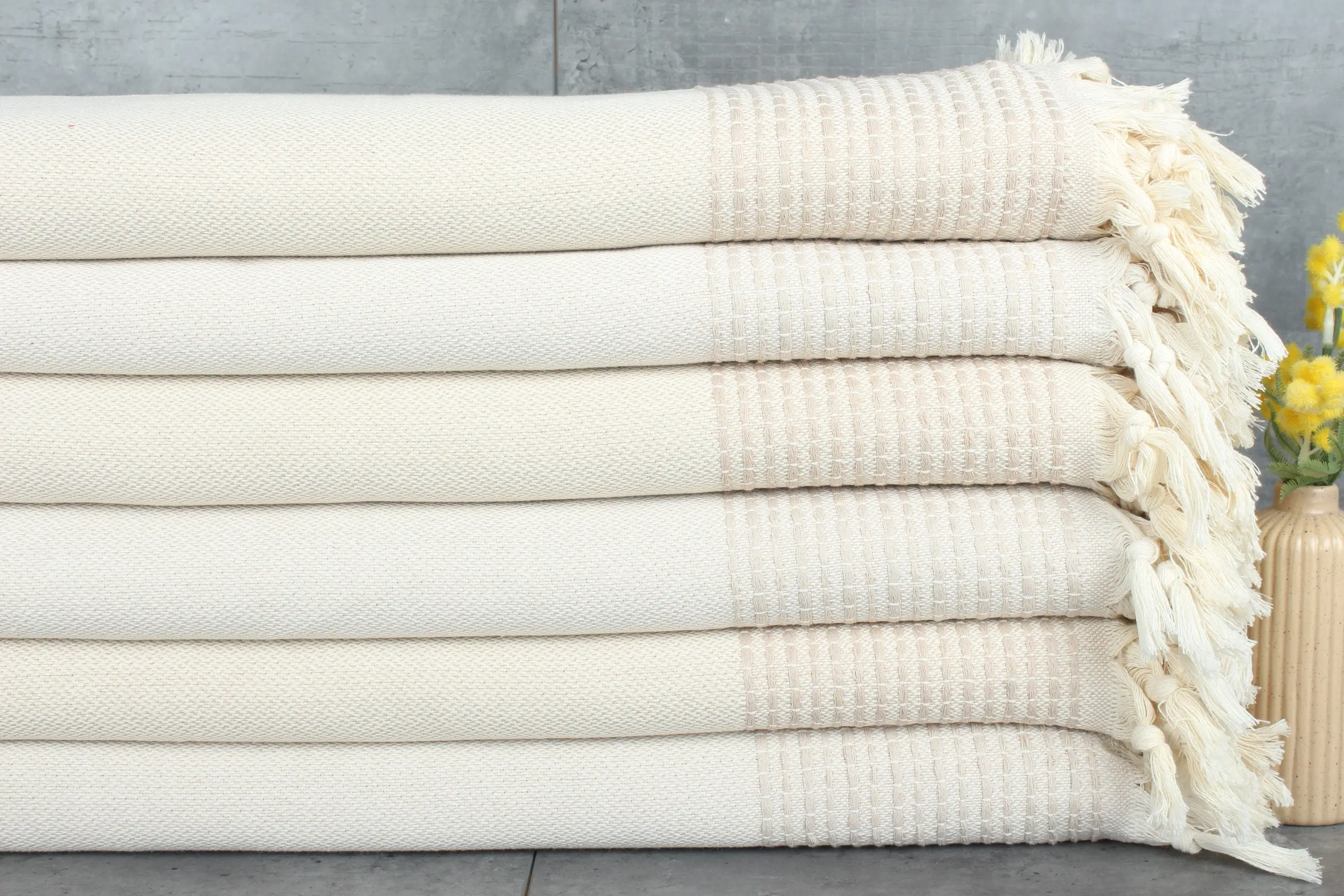 Boho Throw Blanket Custom Light Beige Cotton, 91x95 Inches - 1
